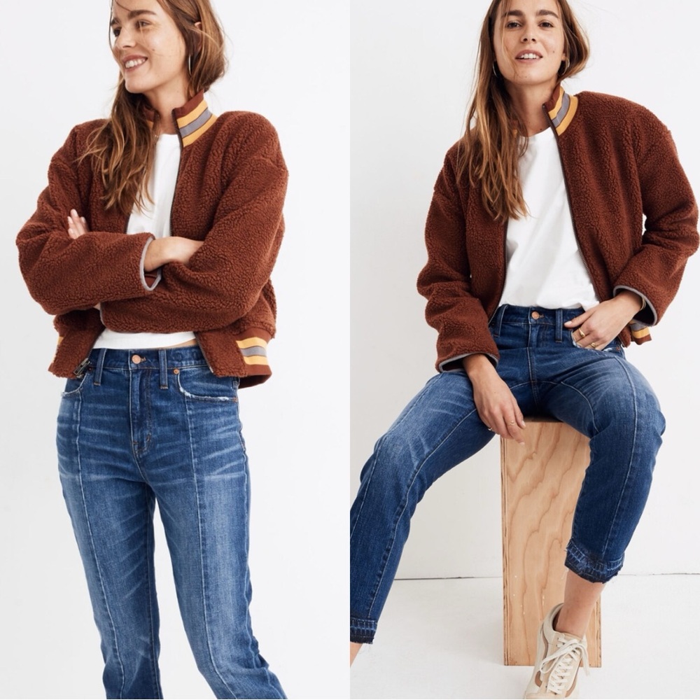 Madewell Brown Teddy Bomber Jacket with Striped Trim